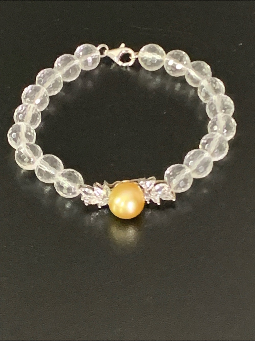 Elegant 925 Sterling Silver Bracelet – Golden Pearl & Crystal Beads. 7.1/2”